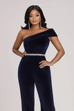 Sparkly Navy One Shoulder Bodycon Velvet Beaded Prom Jumpsuit