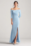 Sky Blue Mermaid Off the Shoulder Long Sleeves Ruched Mother of the Bride Dress with Slit