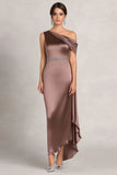 One Shoulder Sheath Beaded Taupe Satin Long Choir Dress