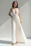 Ivory Halter Neck Chiffon Pleated Long Formal Dress