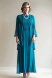 Peacock Blue 2 Piece Round Neck A Line Mother of The Bride Dress