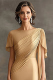 Elegant Golden Ruched Mother of the Bride Dress with Short Sleeves