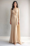 Champagne Long Sleeve Ruched Mother of the Bride Dress