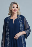 Jumpsuit Navy Appliques Chiffon Long Sleeves Square Neck Mother of the Bride Sets