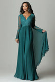 Dark Green Appliques Flare Sleeves V Neck Pleated Sheath Mother of The Bride Dress