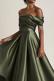 Off the Shoulder Olive A-Line Ruched Satin Ankle Length Mother of the Bride Dress