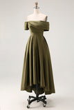 Off the Shoulder Olive A-Line Ruched Satin Ankle Length Mother of the Bride Dress
