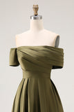 Off the Shoulder Olive A-Line Ruched Satin Ankle Length Mother of the Bride Dress