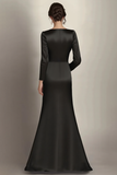 Black Mermaid Long Sleeves Satin Ruched Long Mother of the Bride Dress