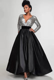 Sparkly Black Silver A-Line Long Sleeves Sequins Top Long Mother of the Bride Dress