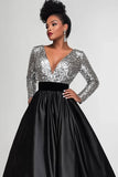 Sparkly Black Silver A-Line Long Sleeves Sequins Top Long Mother of the Bride Dress