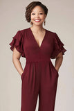 Burgundy Ruffled Sleeves Chiffon Mother Jumpsuit