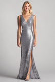 Silver V-Neck Mermaid Long Formal Dress with Slit