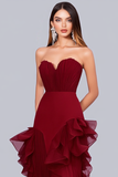 Strapless Burgundy Ruffled Sheath Formal Dress