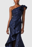 Navy One Shoulder Ruffled Mermaid Formal Dress