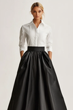 Full Length Black Satin A Line Skirt with Pcokets