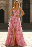 Blush Floral Printed Princess Sweetheart Tiered Long Formal Dress