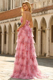Blush Floral Printed Princess Sweetheart Tiered Long Formal Dress