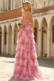 Floral A-Line Strapless Tiered Ruffle Long Blush Prom Dress with Slit