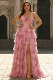 Blush Floral Printed Princess Sweetheart Tiered Long Plus Size Prom Dress