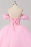 Princess Pink Ball Gown Off the Shoulder Beading Tulle Quinceanera Dress