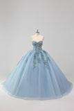 Princess Grey Blue Strapless Tulle Quinceanera Dress with Appliques