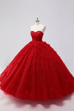 Sparkly Red Ball Gown Strapless Tulle Quinceanera Dress with Flower Appliques