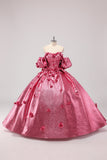 Princess Fuchsia Ball Gown Off the Shoulder Puff Sleeves Quinceanera Dress with 3D Flowers