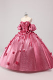 Princess Fuchsia Ball Gown Off the Shoulder Puff Sleeves Quinceanera Dress with 3D Flowers