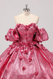 Princess Fuchsia Ball Gown Off the Shoulder Puff Sleeves Quinceanera Dress with 3D Flowers