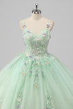 Princess Green Ball Gown Spaghetti Straps Tulle Quinceanera Dress with 3D Flower Appliques