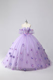 Sparkly Lilac Ball Gown Off the Shoulder Puff Sleeves Tulle Quinceanera Dress with 3D Flowers