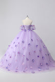 Sparkly Lilac Ball Gown Off the Shoulder Puff Sleeves Tulle Quinceanera Dress with 3D Flowers