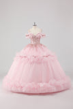 Princess Blush Ball Gown Cold Shoulder Ruffles Tulle Quinceanera Dress with Sequined Embroidery