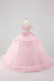 Princess Blush Ball Gown Cold Shoulder Ruffles Tulle Quinceanera Dress with Sequined Embroidery