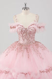 Princess Blush Ball Gown Cold Shoulder Ruffles Tulle Quinceanera Dress with Sequined Embroidery