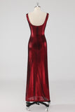 Burgundy Satin Round Neck Sheath Formal Dress with Slit