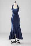 Navy Halter Beaded Mermaid Ruffles Long Formal Dress