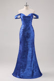 Royal Blue Satin Off The Shoulder Long Formal Dress with Detachable Sleeves