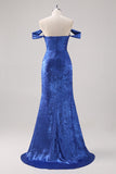 Royal Blue Satin Off The Shoulder Long Formal Dress with Detachable Sleeves