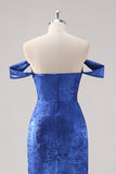 Royal Blue Satin Off The Shoulder Long Formal Dress with Detachable Sleeves