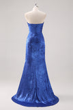 Royal Blue Satin Off The Shoulder Long Formal Dress with Detachable Sleeves