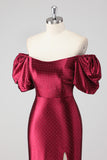 Sparkly Burgundy Off The Shoulder Formal Dress with Slit