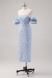 Blue Floral Tea Length Formal Dress with Puff Sleeves