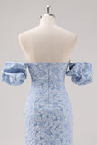 Blue Floral Tea Length Formal Dress with Puff Sleeves