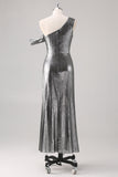 Silver Black Sheath One Shoulder Formal Dress with Slit