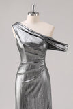 Silver Black Sheath One Shoulder Formal Dress with Slit