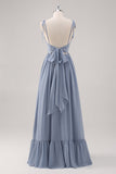 Dusty Blue A Line Corset Long Bridesmaid Dress with Slit