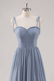 Dusty Blue A Line Corset Long Bridesmaid Dress with Slit