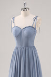 Dusty Blue A Line Corset Long Bridesmaid Dress with Slit